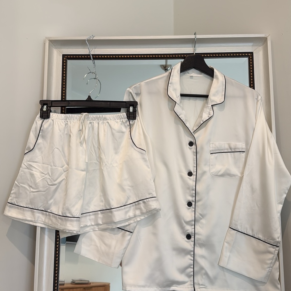 White Satin Pajama Top with Black Trim size M
